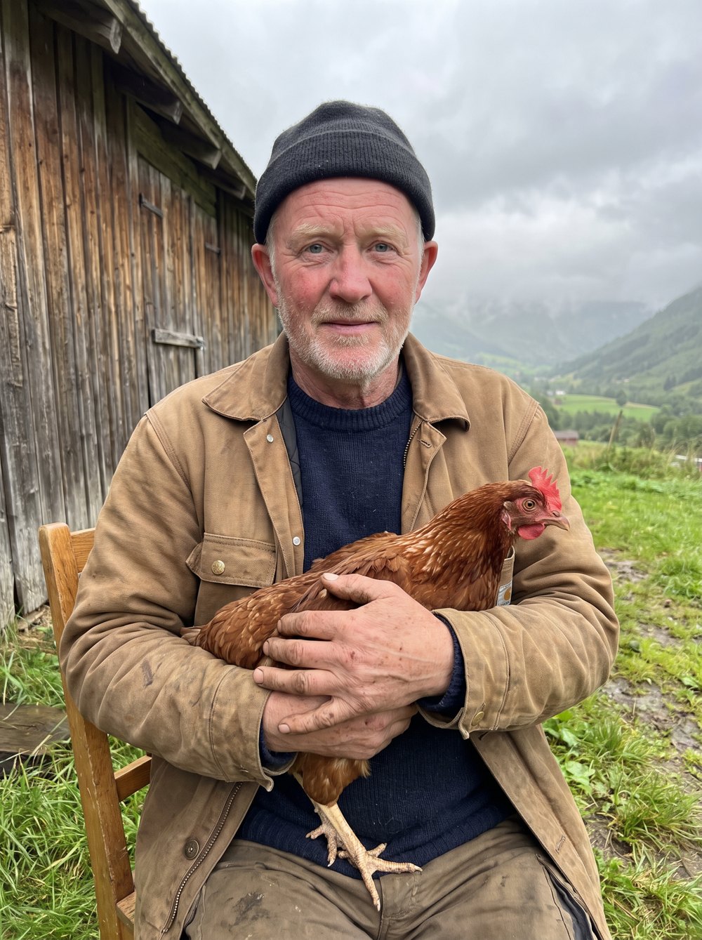 Lars Haugen outside the barn at Nordgard, holding one of his hens